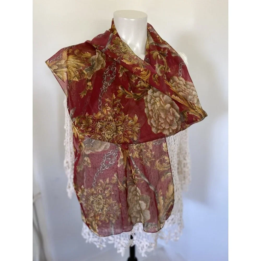 Ray Strauss Scarf Sheer Burgundy Beige‎ Yellow Flowers Rectangle 60